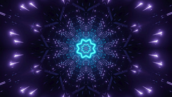 摘要视觉背景插图与闪亮的蓝色的霓虹灯明星中心和对称的紫色的灯闪烁的黑暗蓝色的和紫色的霓虹灯模式插图