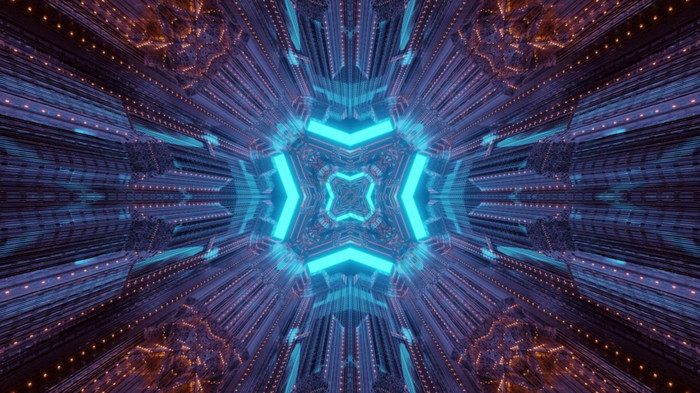 摘要视觉几何背景插图sci隧道与闪亮的蓝色的霓虹灯帧和光反射未来主义的室内sci隧道插图