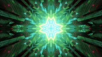 摘要未来主义的背景sci隧道的角度来看与几何明星形状的洞发光的绿色霓虹灯光反映了对称的面板呃插图神奇的隧道与闪亮的霓虹灯灯呃插图