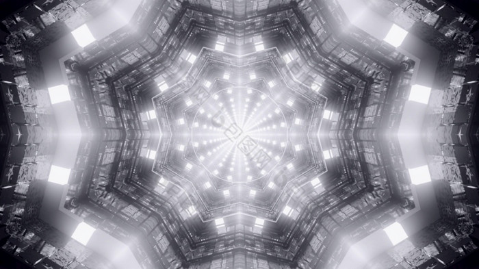 摘要呃插图视觉分形背景黑色的和白色阴影超现实主义的隧道的角度来看与几何设计和闪亮的灯反映金属细胞未来主义的几何模式呃插图
