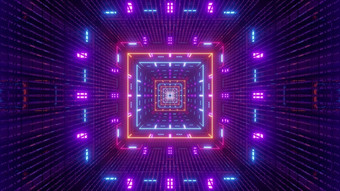 插图呃未来主义的隧道与对称的广场点缀和明亮的色彩斑斓的霓虹灯照明呃插图广场隧道与对称的霓虹灯照明