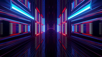 没完没了的未来主义的走廊与蓝色的和红色的霓虹灯照明呃插图黑暗霓虹灯隧道呃插图