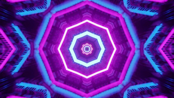 呃插图八角形状的点缀发光的与蓝色的和紫色的霓虹灯灯和形成几何隧道八角形状的霓虹灯点缀呃插图