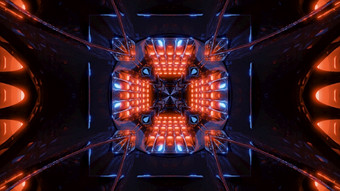呃插图对称的水晶形状的点缀发光的与红色的和蓝色的霓虹灯光黑暗隧道水晶形状的点缀内部隧道呃插图