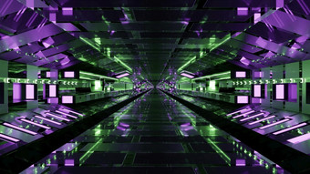 插图的角度来看视图呃几何隧道与绿色和紫色的颜色照亮与霓虹灯灯插图呃走廊与霓虹灯照明