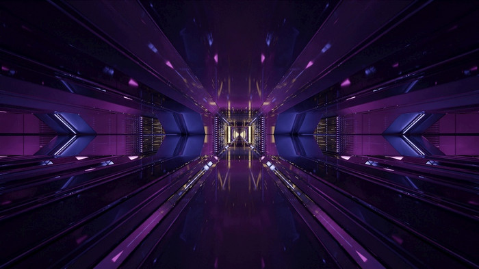 插图对称的千变万化的点缀与明亮的紫色的射线反映呃黑暗隧道插图呃黑暗隧道与对称的霓虹灯照明