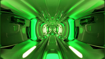 插图绿色彩色的未来主义的隧道与反映玻璃墙和闪亮的灯呃质量摘要插图与绿色轮形状的呃隧道