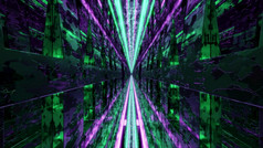 呃插图与直明亮的紫罗兰色的和绿色霓虹灯行反映镜像墙隧道插图与没完没了的行移动黑暗呃隧道