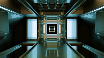 插图呃现代摘要隧道与门口和透明的墙与未来主义的设计和反射地板上插图呃宽敞的隧道