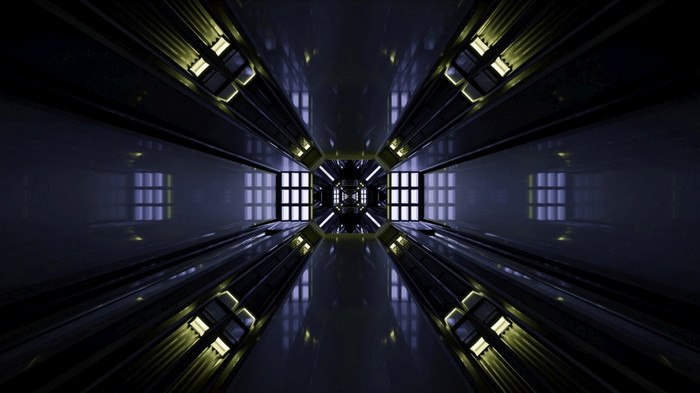 插图黑暗隧道与对称的发光的灯几何墙和窗户呃摘要背景插图呃对称的模式与照明