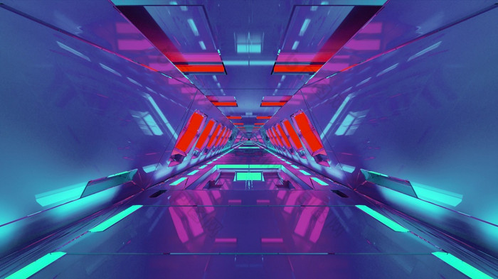 插图呃未来主义的没完没了的蓝色的通道与红色的和紫色的霓虹灯灯sci呃插图没完没了的走廊