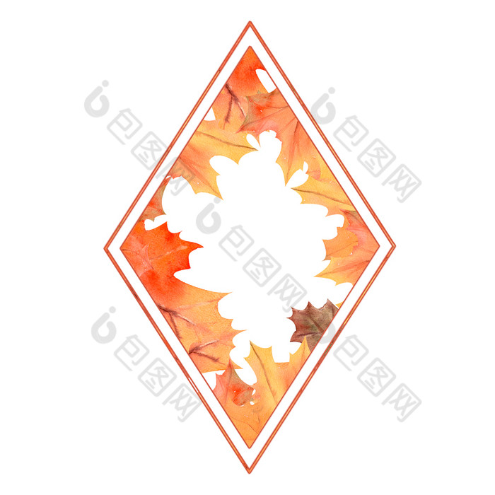 钻石形的框架与秋天叶子白色孤立的背景水彩插图钻石形的框架与秋天叶子白色孤立的背景水彩插图