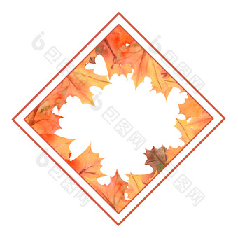 钻石形的框架与秋天叶子白色孤立的背景水彩插图钻石形的框架与秋天叶子白色孤立的背景水彩插图