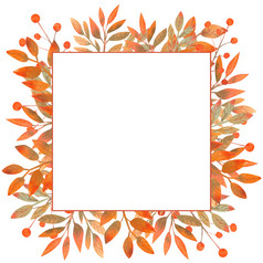 广场框架与秋天叶子白色孤立的背景水彩插图广场框架与秋天叶子白色孤立的背景水彩插图