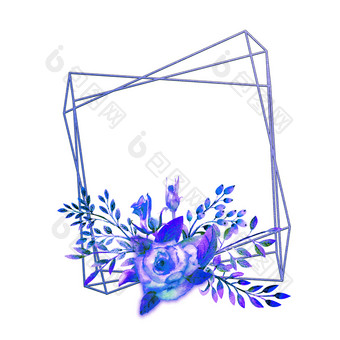 的几何框架框架与蓝色的玫瑰花白色孤立的背景花海报邀请水彩作文为的装饰问候卡片邀请取向的几何框架框架与蓝色的玫瑰花白色孤立的背景花海报邀请水彩作文为的装饰问候卡片邀请