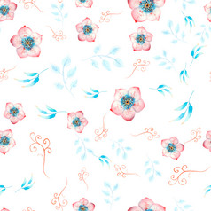 无缝的模式与粉红色的藜芦花味蕾叶子装饰树枝白色孤立的水彩插图手工制作的无缝的模式与粉红色的藜芦花味蕾叶子装饰树枝白色孤立的水彩插图手工制作的