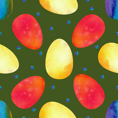 色彩斑斓的复活节鸡蛋绿色背景无缝的模式水彩插图色彩斑斓的复活节鸡蛋绿色背景无缝的模式水彩