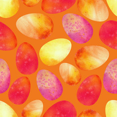 色彩斑斓的复活节鸡蛋橙色背景无缝的模式水彩插图色彩斑斓的复活节鸡蛋橙色背景无缝的模式水彩