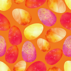 色彩斑斓的复活节鸡蛋橙色背景无缝的模式水彩插图色彩斑斓的复活节鸡蛋橙色背景无缝的模式水彩