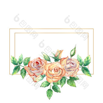黄金几何框架装饰与花桃子玫瑰绿色叶子开放和关闭花水彩插图黄金几何框架装饰与花桃子玫瑰绿色叶子开放和关闭花水彩插图