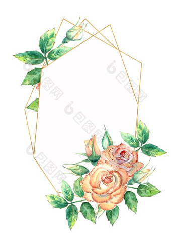 黄金几何框架装饰与花桃子玫瑰绿色叶子开放和关闭花水彩插图黄金几何框架装饰与花桃子玫瑰绿色叶子开放和关闭花水彩插图