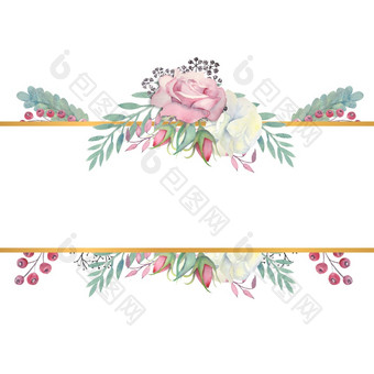 白色和粉红色的玫瑰花绿色叶子浆果黄金矩形框架婚礼概念与花水彩作文为的装饰问候卡片邀请白色和粉红色的玫瑰花绿色叶子浆果黄金矩形框架水彩插图