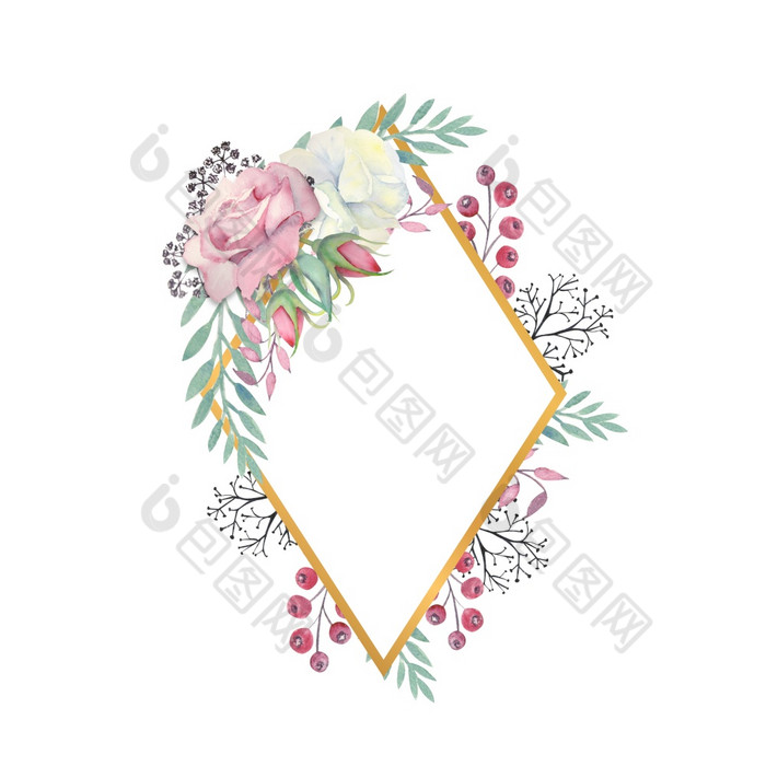 白色和粉红色的玫瑰花绿色叶子浆果黄金钻石形的框架婚礼概念与花水彩作文为的装饰问候卡片邀请白色和粉红色的玫瑰花绿色叶子浆果黄金钻石形的框架水彩插图