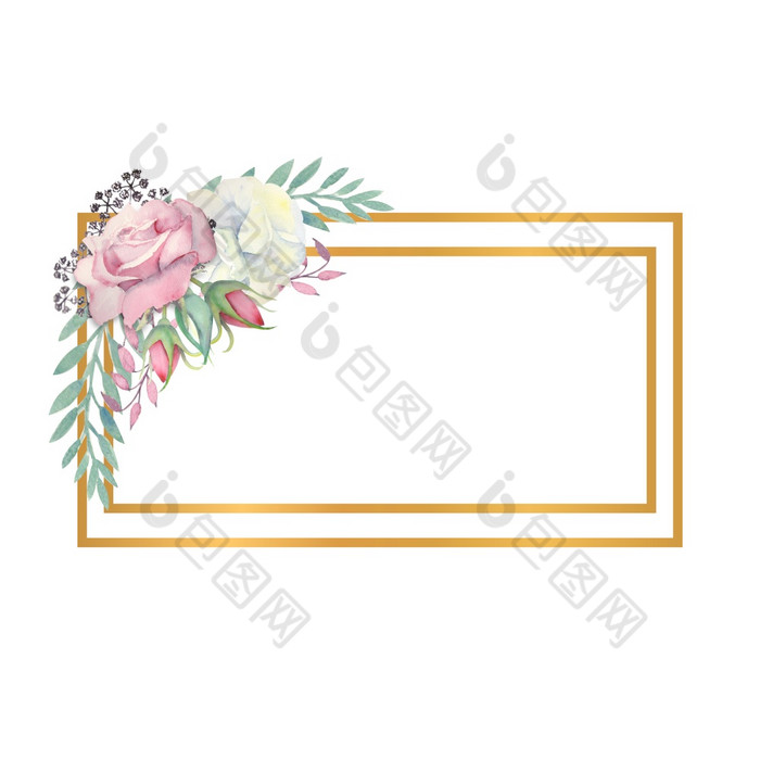 白色和粉红色的玫瑰花绿色叶子浆果黄金矩形框架婚礼概念与花水彩作文为的装饰问候卡片邀请白色和粉红色的玫瑰花绿色叶子浆果黄金矩形框架水彩插图