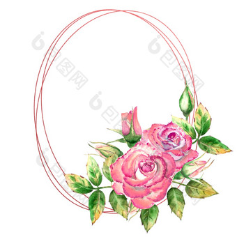 的几何框架装饰与花粉红色的玫瑰绿色叶子开放和关闭花<strong>精致</strong>的水彩插图的几何框架装饰与花粉红色的玫瑰绿色叶子开放和关闭花<strong>精致</strong>的水彩插图