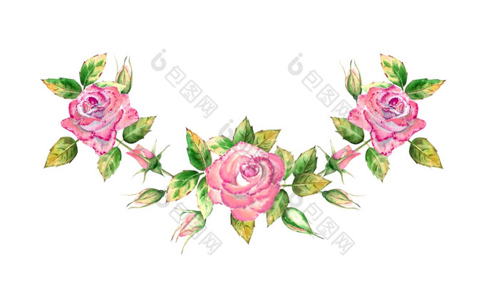 花束与粉红色的玫瑰花绿色叶子开放和关闭花精致的水彩插图花束与粉红色的玫瑰花绿色叶子开放和关闭花精致的水彩插图
