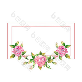 的几何框架装饰与花粉红色的玫瑰绿色叶子开放和关闭花精致的水彩插图的几何框架装饰与花粉红色的玫瑰绿色叶子开放和关闭花精致的水彩插图