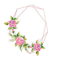 的几何框架装饰与花粉红色的玫瑰绿色叶子开放和关闭花精致的水彩插图的几何框架装饰与花粉红色的玫瑰绿色叶子开放和关闭花精致的水彩插图