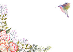 水平框架与水彩玫瑰花叶子装饰和蜂鸟为的设计问候卡片邀请等水平框架与水彩玫瑰花叶子装饰和蜂鸟为的设计问候卡片邀请等