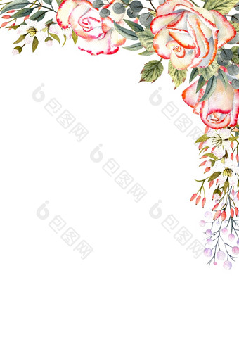 垂直框架与水彩玫瑰花叶子装饰为的设计问候卡片邀请等垂直框架与水彩玫瑰花叶子装饰为的设计问候卡片邀请等