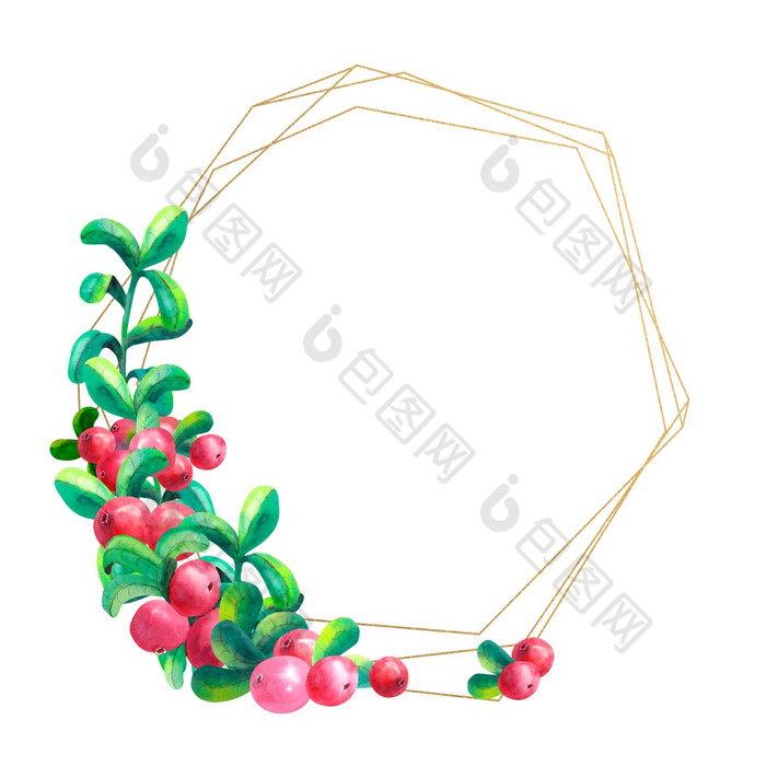 成熟的浆果越橘白色背景孤立的黄金几何框架水彩插图成熟的浆果越橘白色背景孤立的黄金几何框架水彩插图