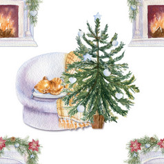 无缝的模式与圣诞节树沙发和猫白色孤立的背景水彩圣诞节插图无缝的模式与圣诞节树沙发和猫白色孤立的背景水彩圣诞节插图