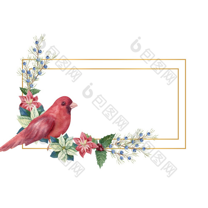 金几何框架与冬天召开和红色的鸟水彩圣诞节插图金几何框架与冬天召开和红色的鸟水彩圣诞节插图