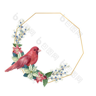 金几何框架与冬天召开和红色的鸟水彩圣诞节插图金几何框架与冬天召开和红色的鸟水彩圣诞节插图