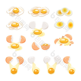 食物图标鸡煮熟的破碎的和生<strong>鸡蛋</strong>棕色（的）和白色coloran蛋的壳牌和盒子一半蛋与的蛋黄插图卡通风格炸蛋集快食物烹饪午餐晚餐早餐自然产品煮熟的煎蛋卷