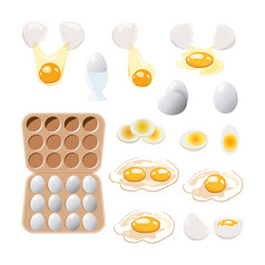 食物图标鸡煮熟的破碎的和生鸡蛋棕色（的）和白色coloran蛋的壳牌和盒子一半蛋与的蛋黄插图卡通风格炸蛋集快食物烹饪午餐晚餐早餐自然产品煮熟的煎蛋卷