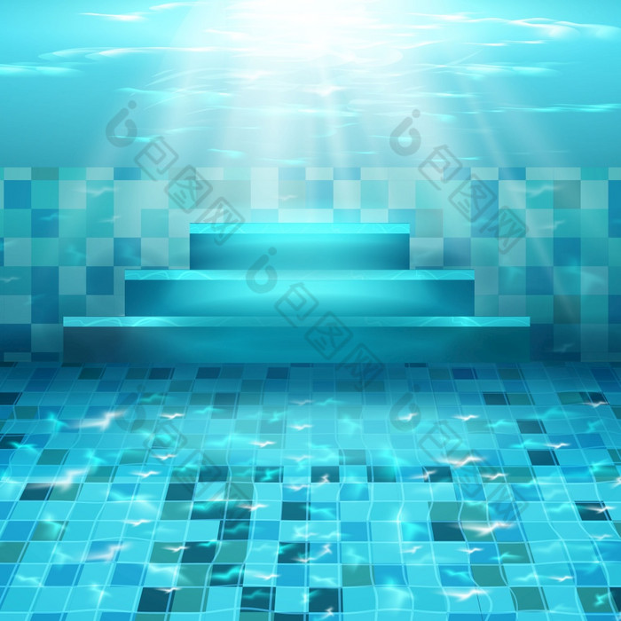 游泳池与蓝色的水涟漪和突出了纹理水表面和平铺的底开销视图夏天背景