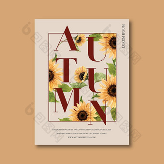 秋天主题海报设计与向日葵概念有创意的树叶向量插图模板