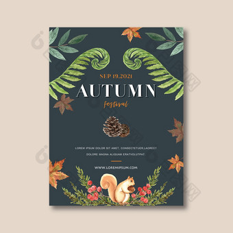 秋天主题<strong>海报</strong>设计与<strong>植物</strong>概念cool-toned树叶向量插图模板