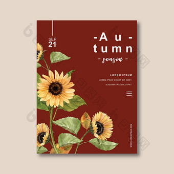 秋天<strong>主题海报</strong>设计与向日葵概念有创意的对比颜色插图模板