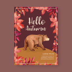 秋天主题海报设计与植物概念与野生熊的中心与树叶