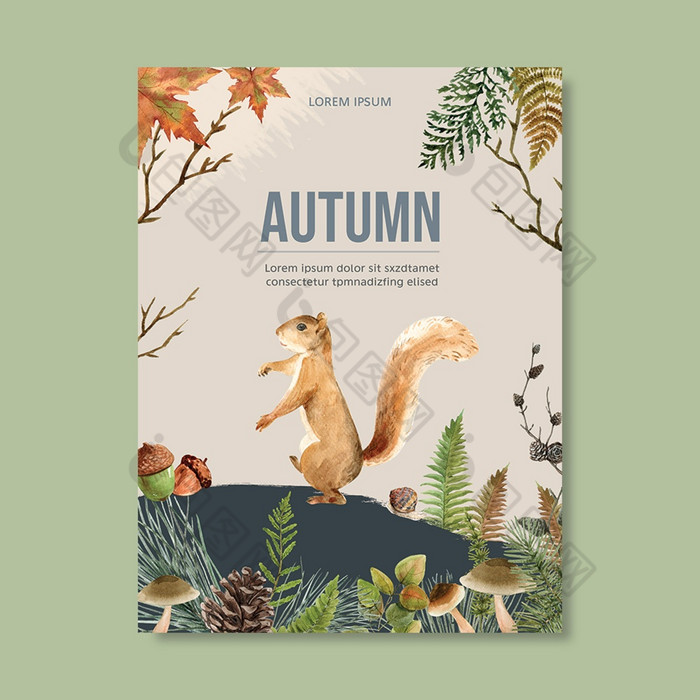秋天主题海报设计与野生动物和植物概念插图模板