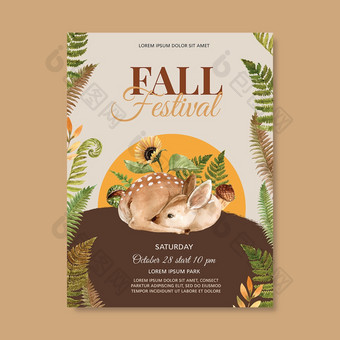 秋天<strong>主题海报</strong>设计与植物和野生动物概念有创意的插图模板