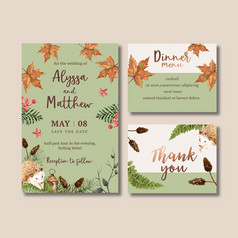 婚礼邀请水彩画设计与柔和的秋天主题brown-toned向量插图