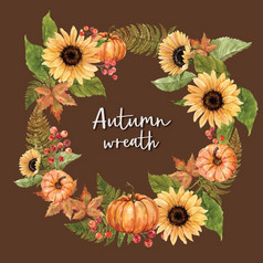 花环设计与秋天主题水彩画似橙的健美的向量插图模板
