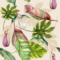 模式设计与热带植物主题树叶水彩插图